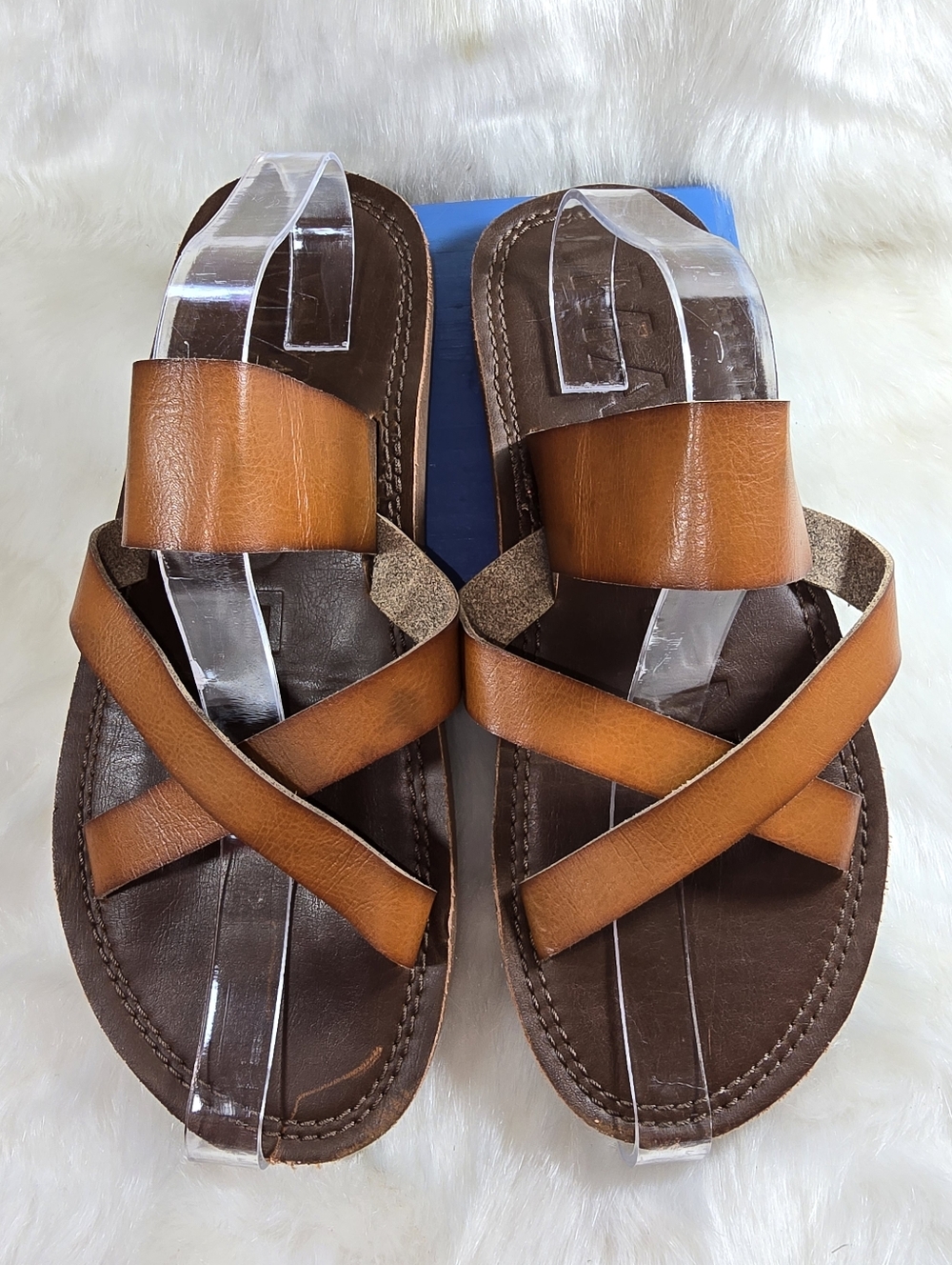 Madden M-Cross Men's Brown Leather Slide Sandals w/Casual Cross-Strap